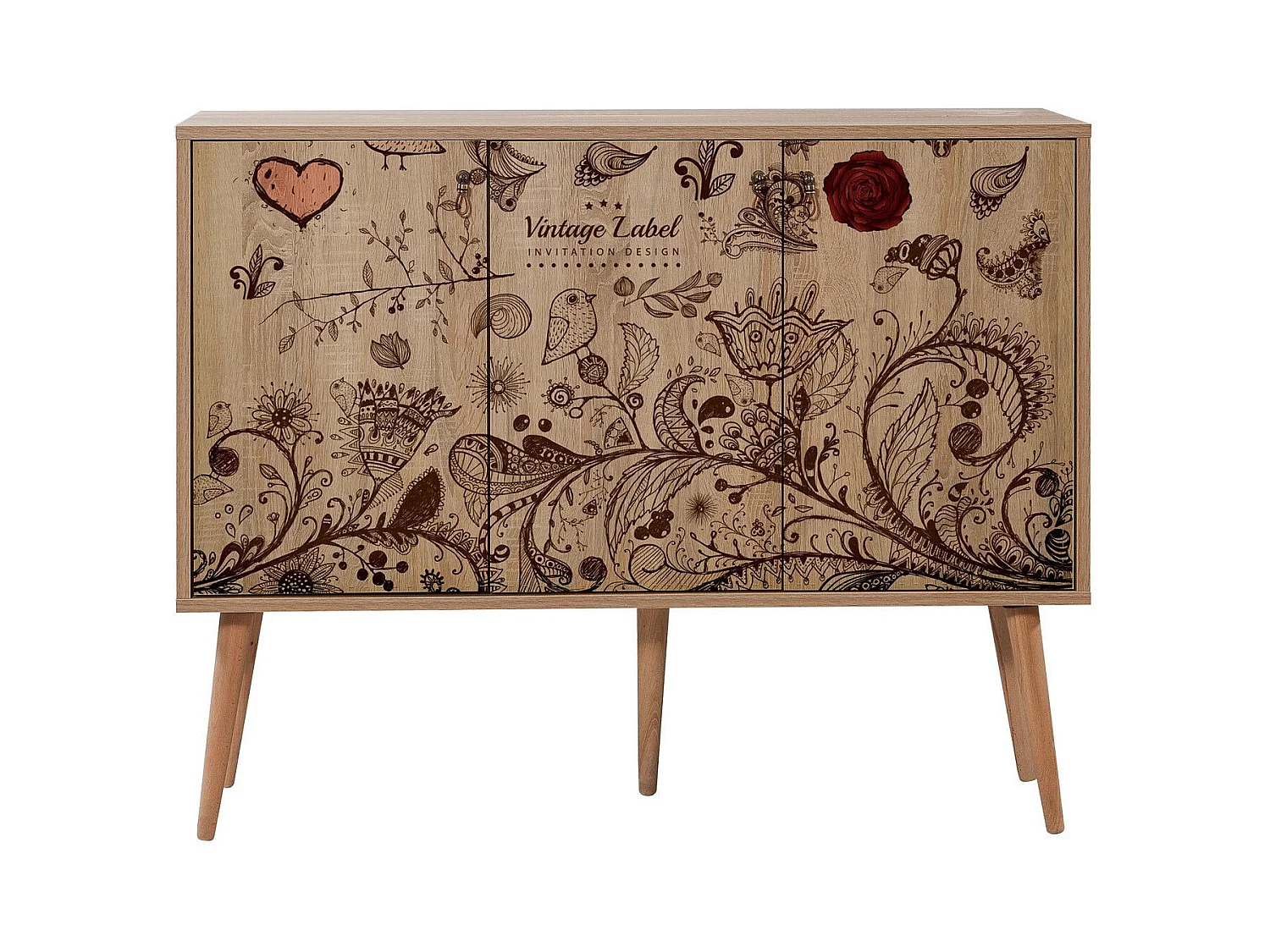 Buffet 3 portes Areva 120x90cm Motif 'Vintage label' Bois Naturel et Bleu