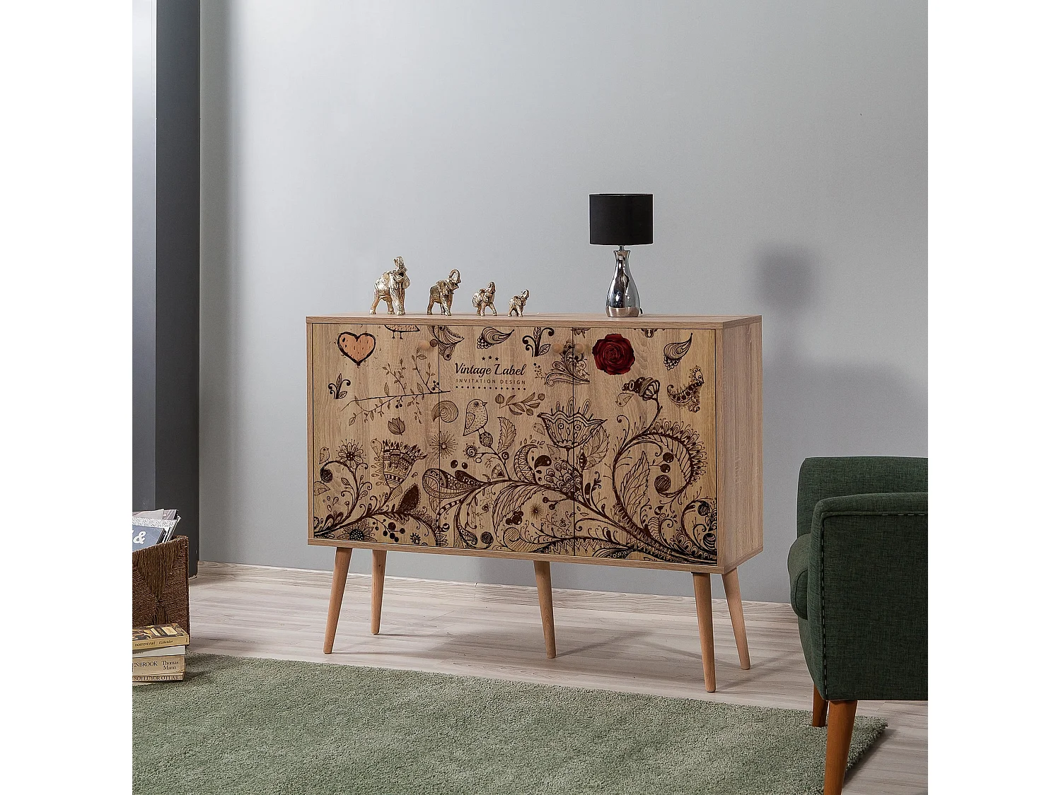 Buffet 3 portes Areva 120x90cm Motif 'Vintage label' Bois Naturel et Bleu