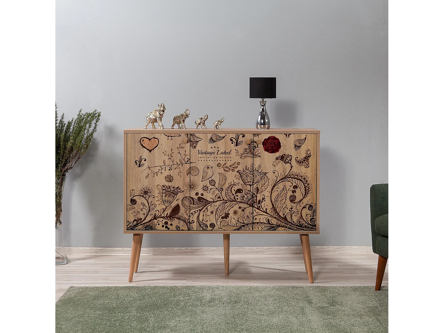Buffet 3 portes Areva 120x90cm Motif 'Vintage label' Bois Naturel et Bleu