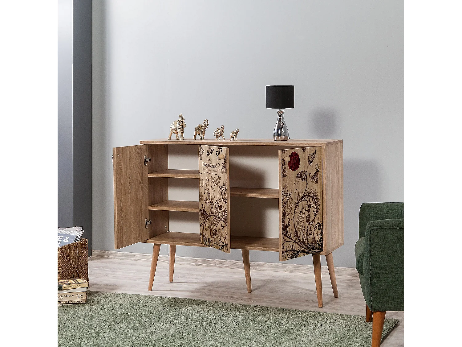 Buffet 3 portes Areva 120x90cm Motif 'Vintage label' Bois Naturel et Bleu