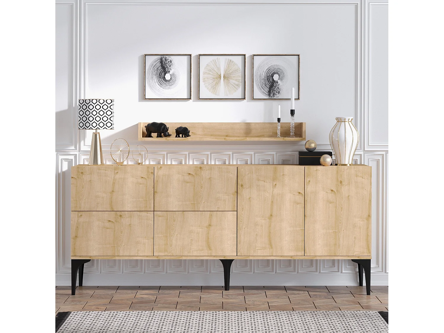 Buffet bas 6 portes avec étagère Dyna L180cm Chêne clair