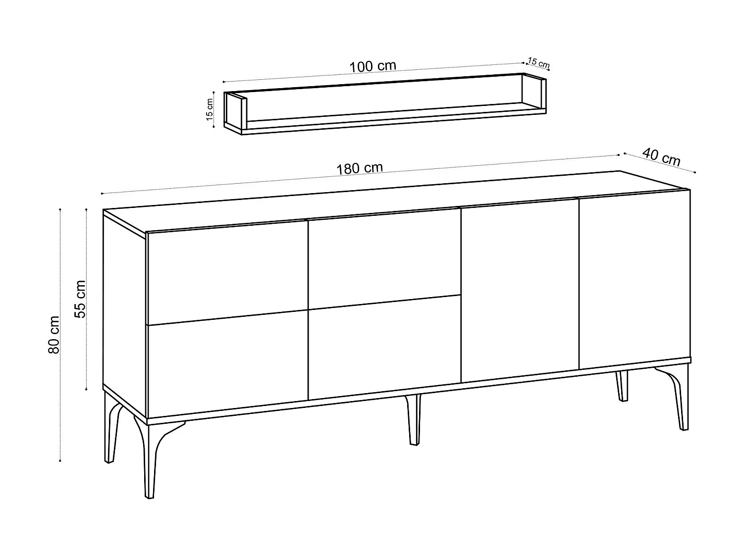 Buffet bas 6 portes avec étagère Dyna L180cm Chêne clair