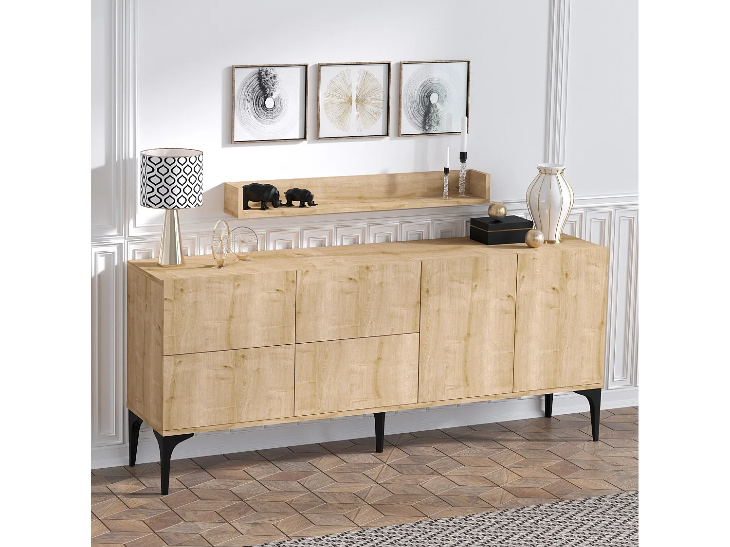 Sideboard mit Wandregal – 180 x 55 x 40 cm – Saphireiche – 100 % Melaminbeschichtung