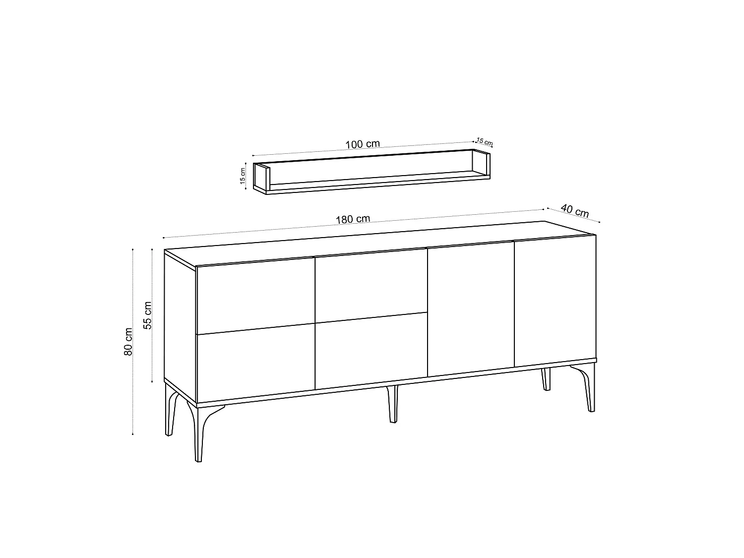 Sideboard mit Wandregal – 180 x 55 x 40 cm – Saphireiche – 100 % Melaminbeschichtung