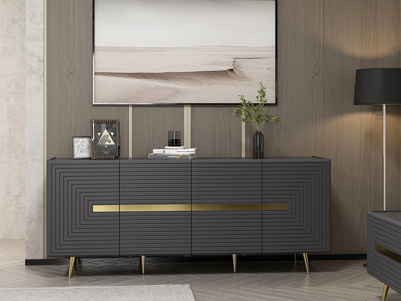 Buffet Parana L180xH75cm Anthracite et Or
