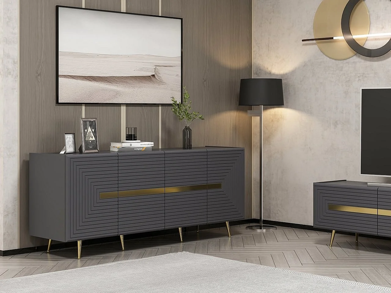 Buffet Parana L180xH75cm Anthracite et Or