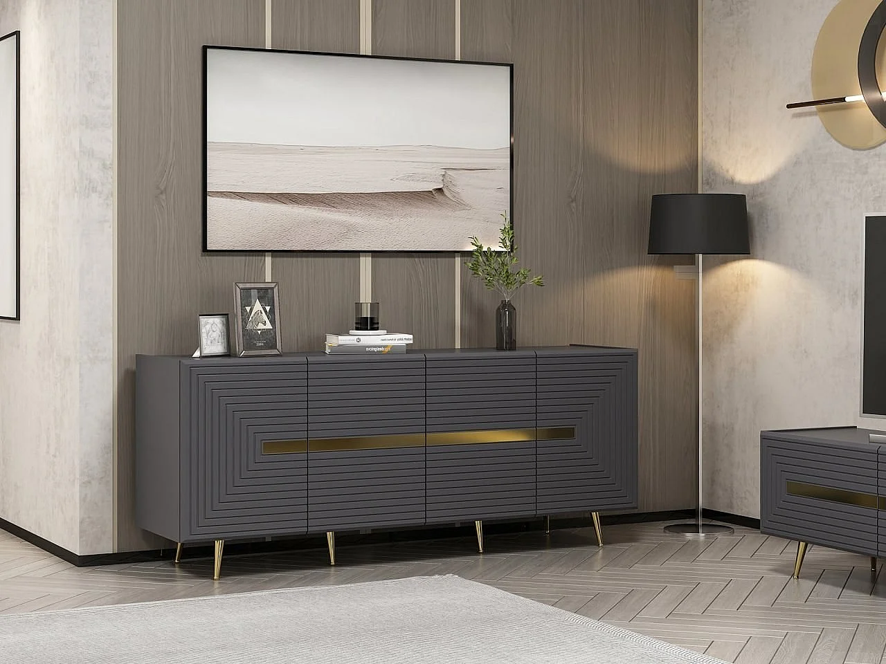 Buffet Parana L180xH75cm Anthracite et Or