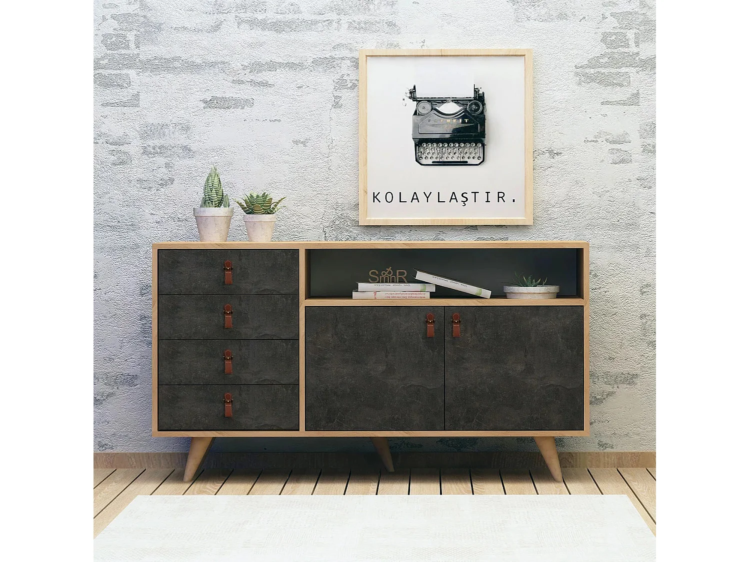 Aparador Moderno – 140 x 86 x 40 cm – Carvalho e Cinza Escuro – 100% Melamina