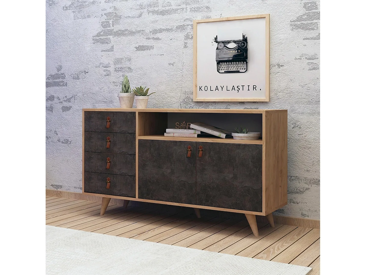 Aparador Moderno – 140 x 86 x 40 cm – Carvalho e Cinza Escuro – 100% Melamina