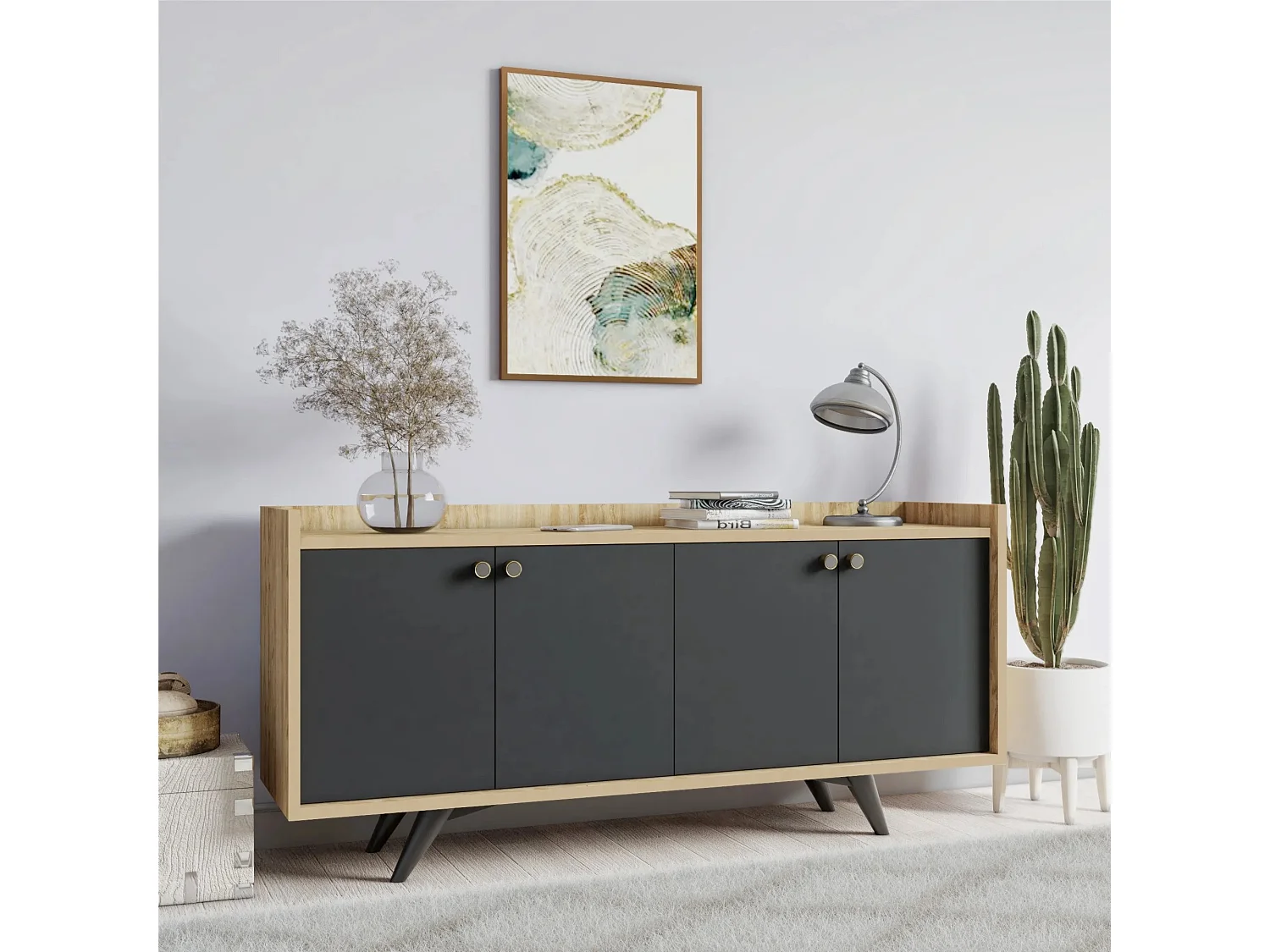 Aparador Moderno – 150 x 75 x 40 cm – Antracite e Carvalho – Painéis de Partículas Revestidos a Melamina