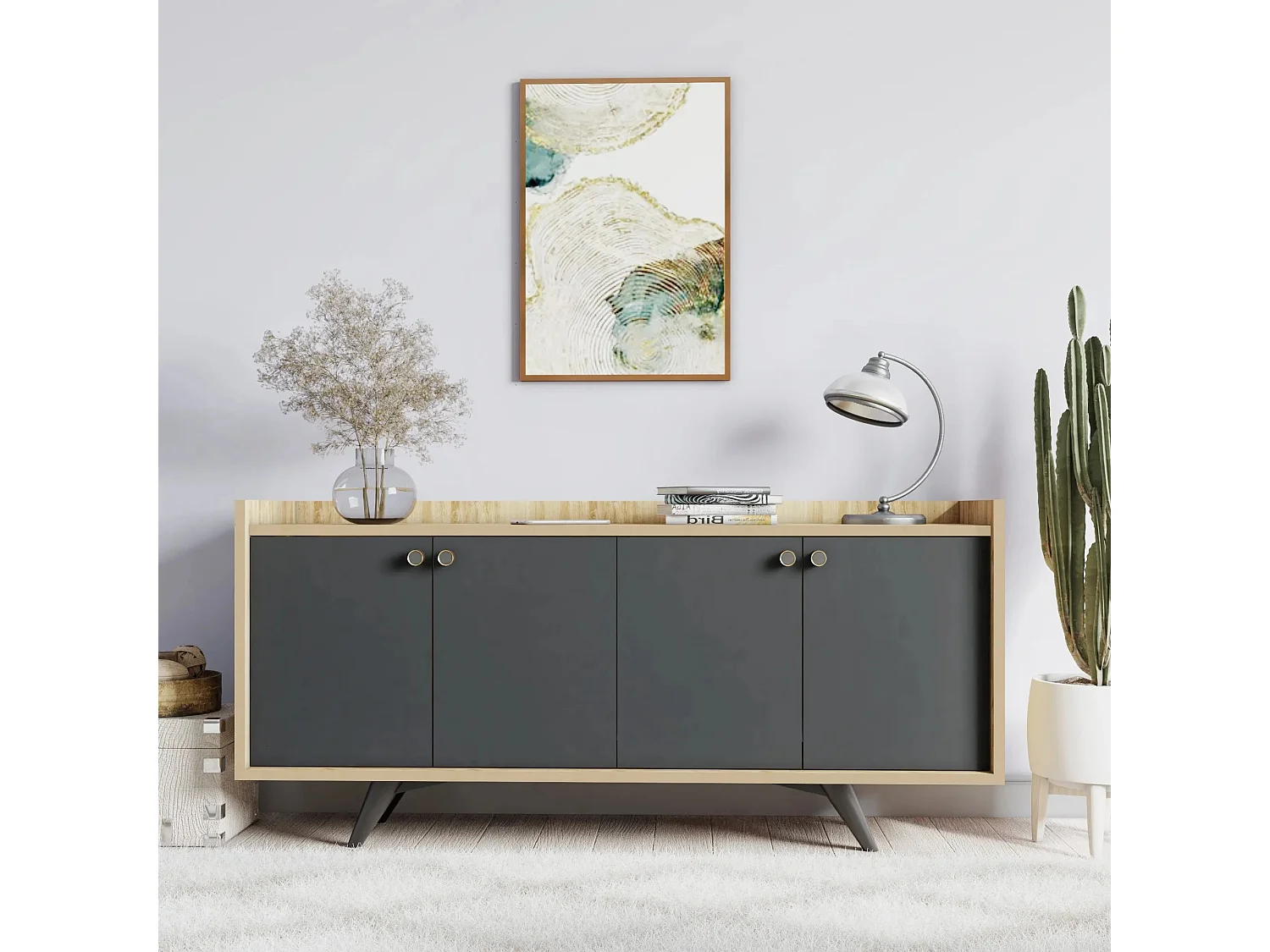 Aparador Moderno – 150 x 75 x 40 cm – Antracite e Carvalho – Painéis de Partículas Revestidos a Melamina