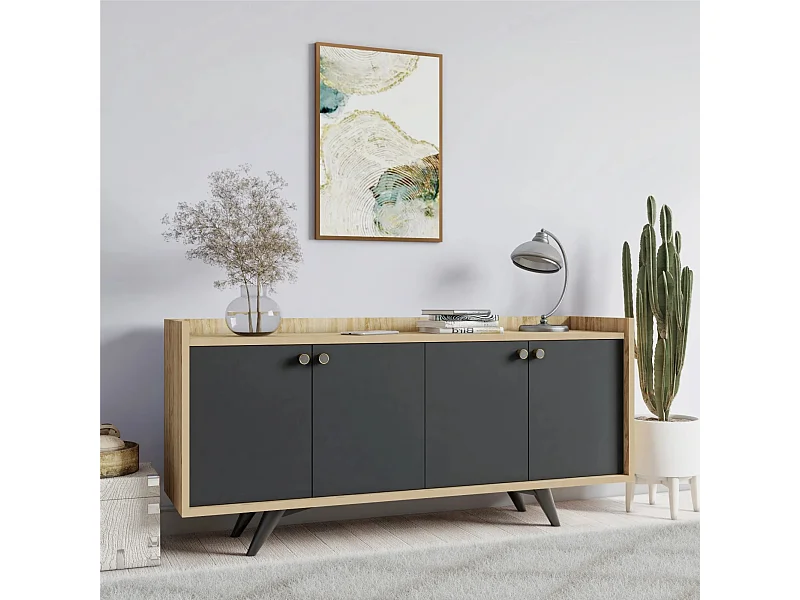 Aparador Moderno – 150 x 75 x 40 cm – Antracite e Carvalho – Painéis de Partículas Revestidos a Melamina