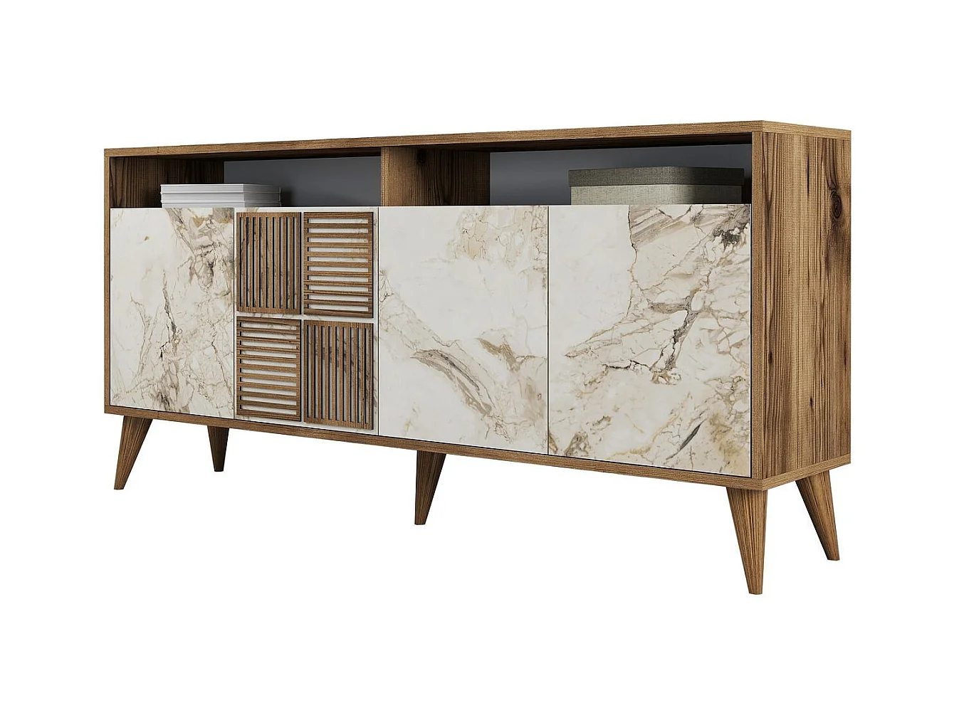 Buffet bas 4 portes et 2 tiroirs Kaltes L160cm Bois et Effet marbre Blanc