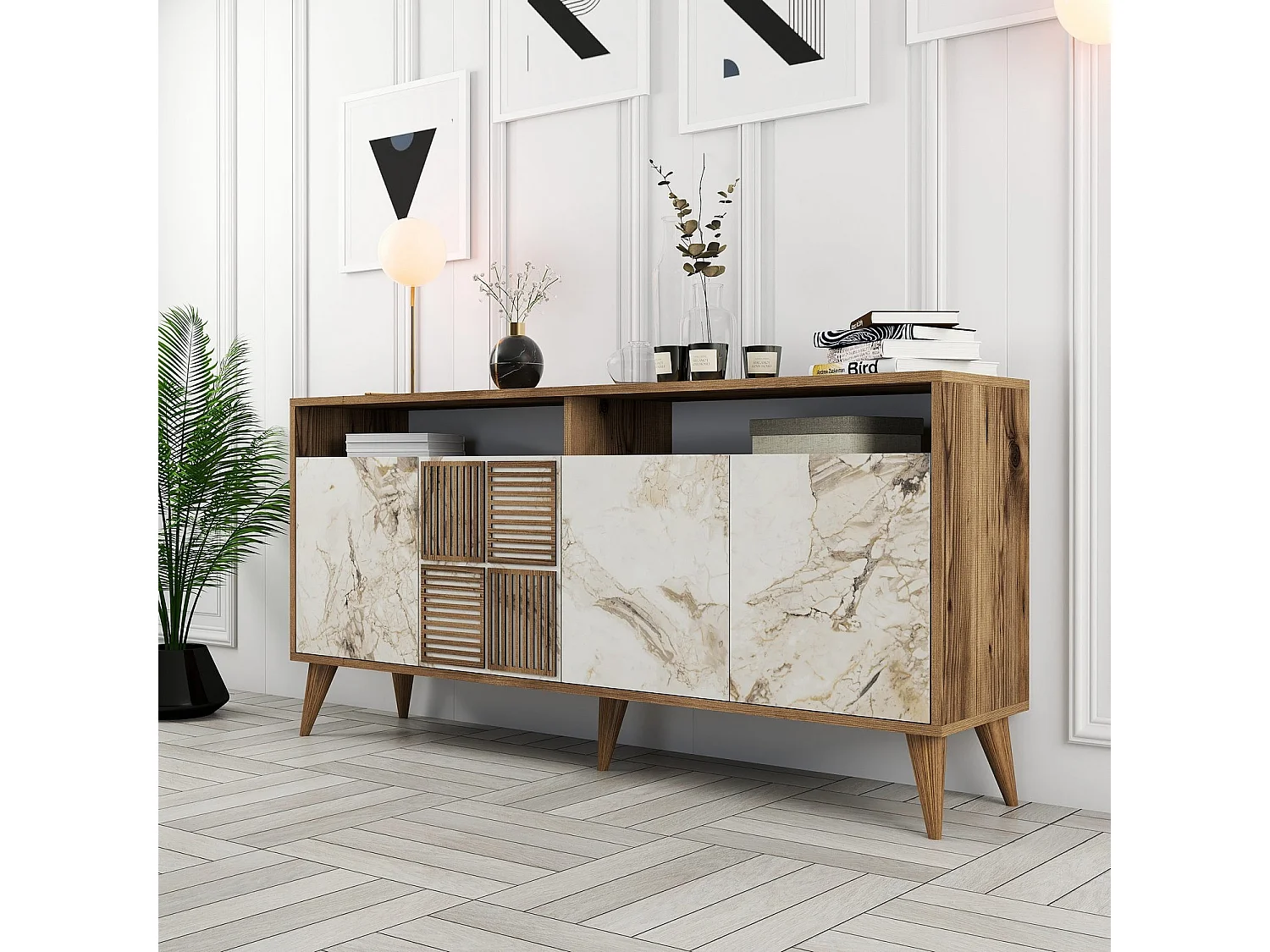 Aparador Moderno – 160 x 78 x 35 cm – Nogueira e Mármore Branco – Melamina