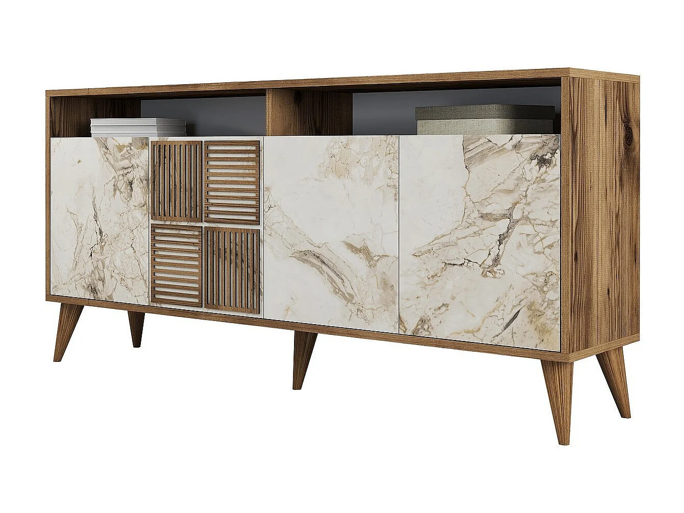 Aparador Moderno – 160 x 78 x 35 cm – Nogueira e Mármore Branco – Melamina