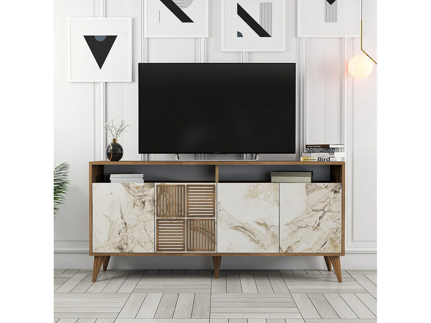 Modernes Sideboard – 160 x 78 x 35 cm – Walnuss und weißer Marmor – Melamin