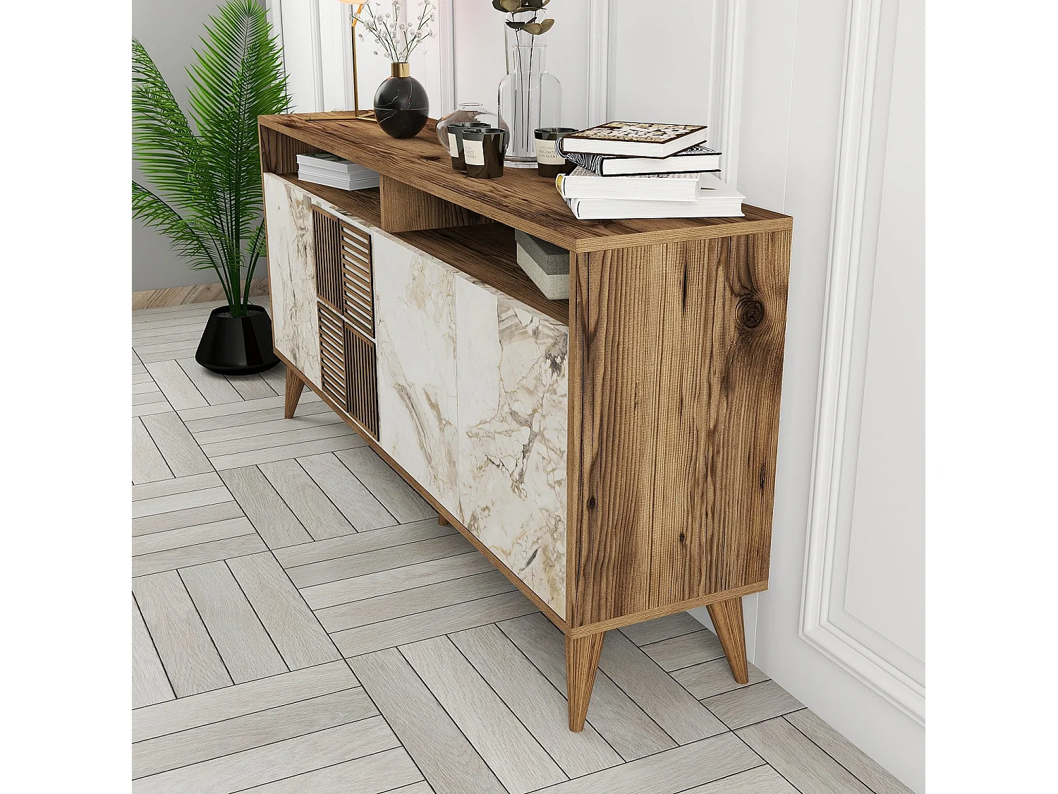 Modernes Sideboard – 160 x 78 x 35 cm – Walnuss und weißer Marmor – Melamin