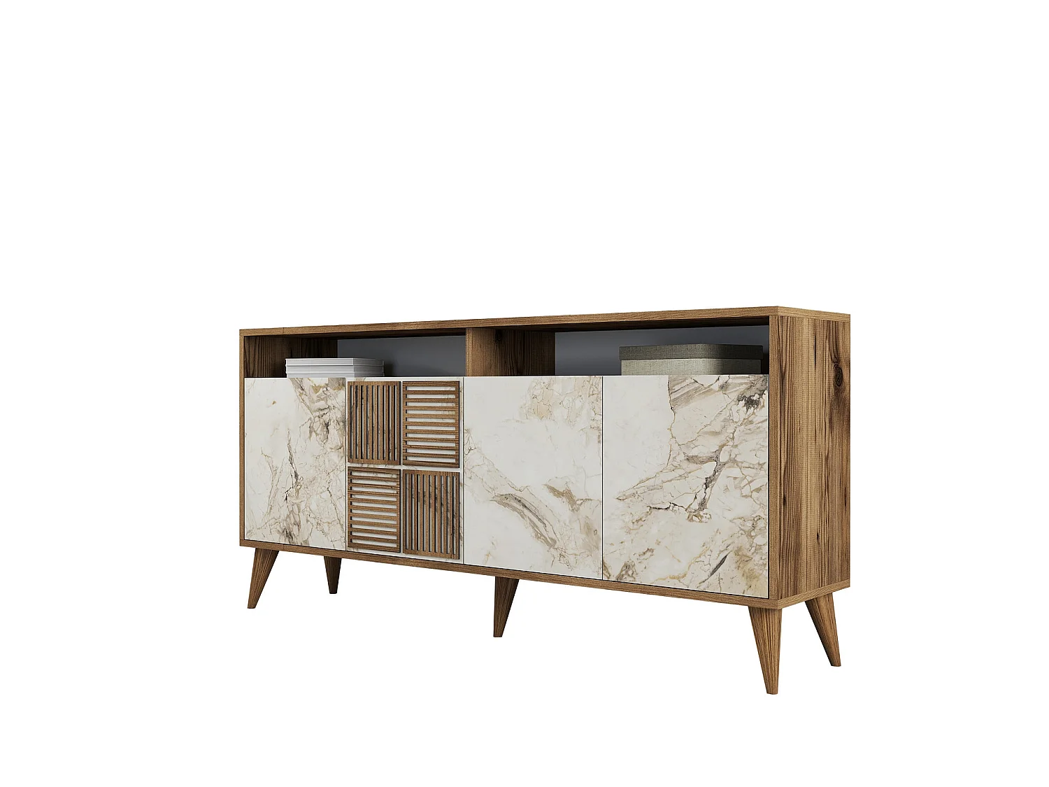 Modernes Sideboard – 160 x 78 x 35 cm – Walnuss und weißer Marmor – Melamin