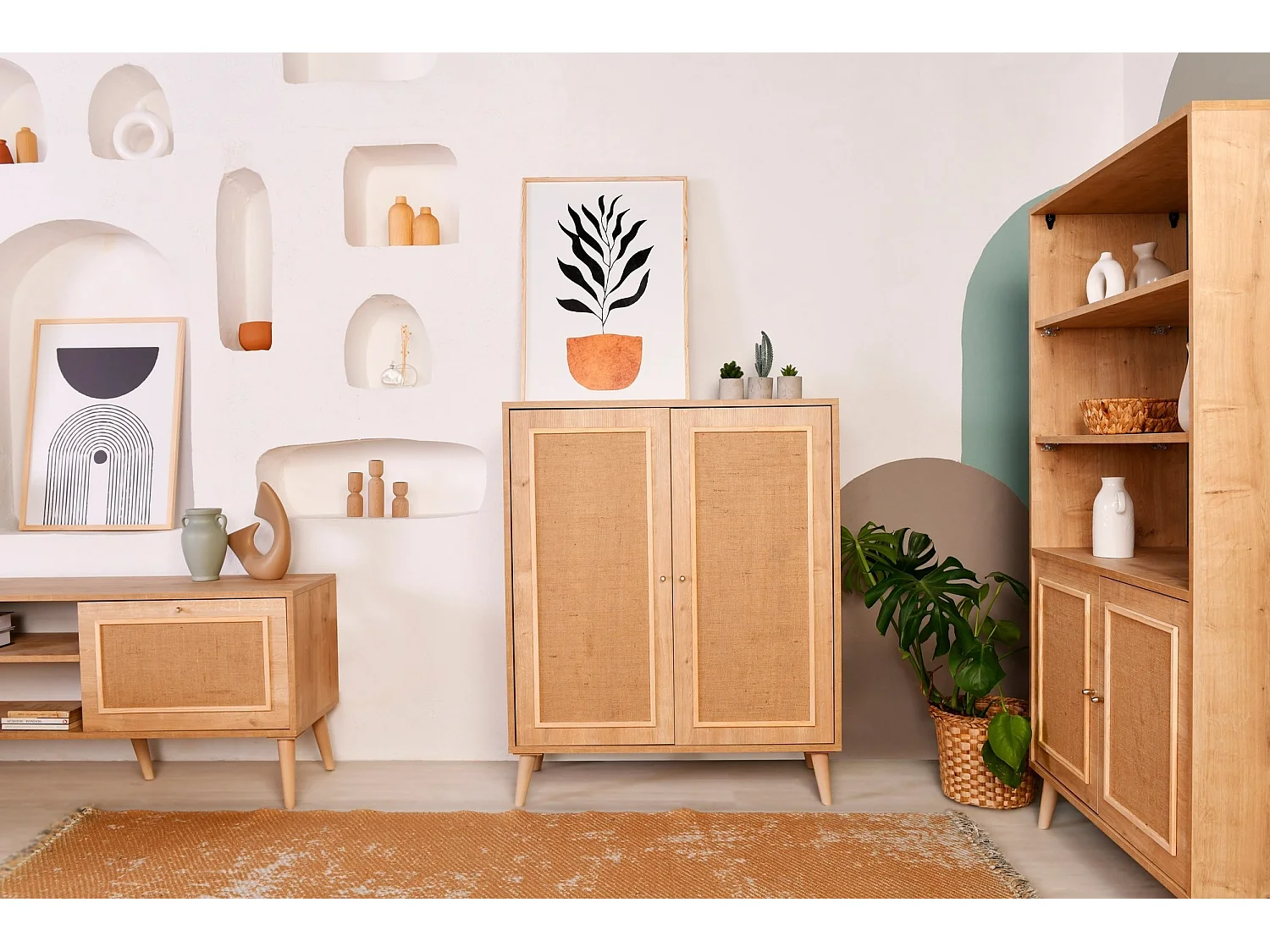 Elegant eikenhouten dressoir, 100% haagbeukenhout, jute stof, 40 x 90 x 110 cm | Stevige haagbeukenpoten | Perfect voor moderne woon- en eetkamers