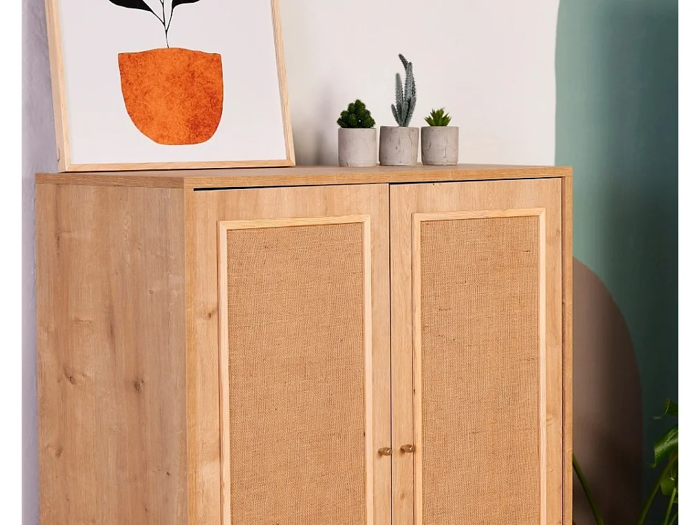 Elegant eikenhouten dressoir, 100% haagbeukenhout, jute stof, 40 x 90 x 110 cm | Stevige haagbeukenpoten | Perfect voor moderne woon- en eetkamers