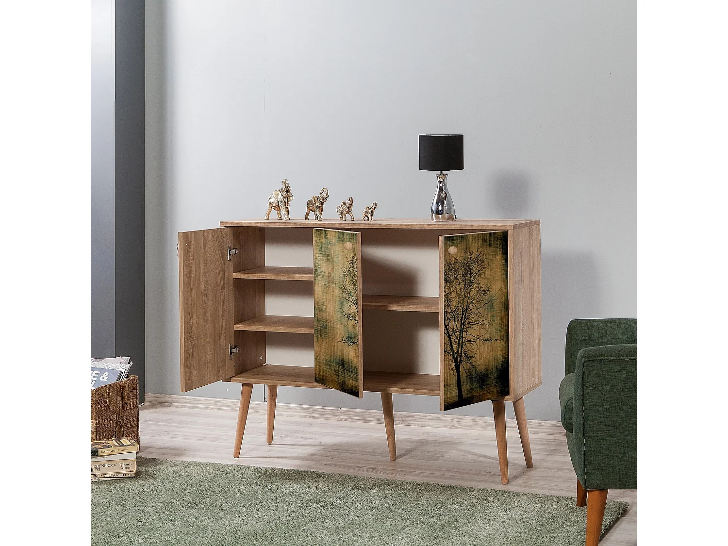 Buffet 3 portes Areva 120x90cm Motif Arbre Bois Naturel et Marron