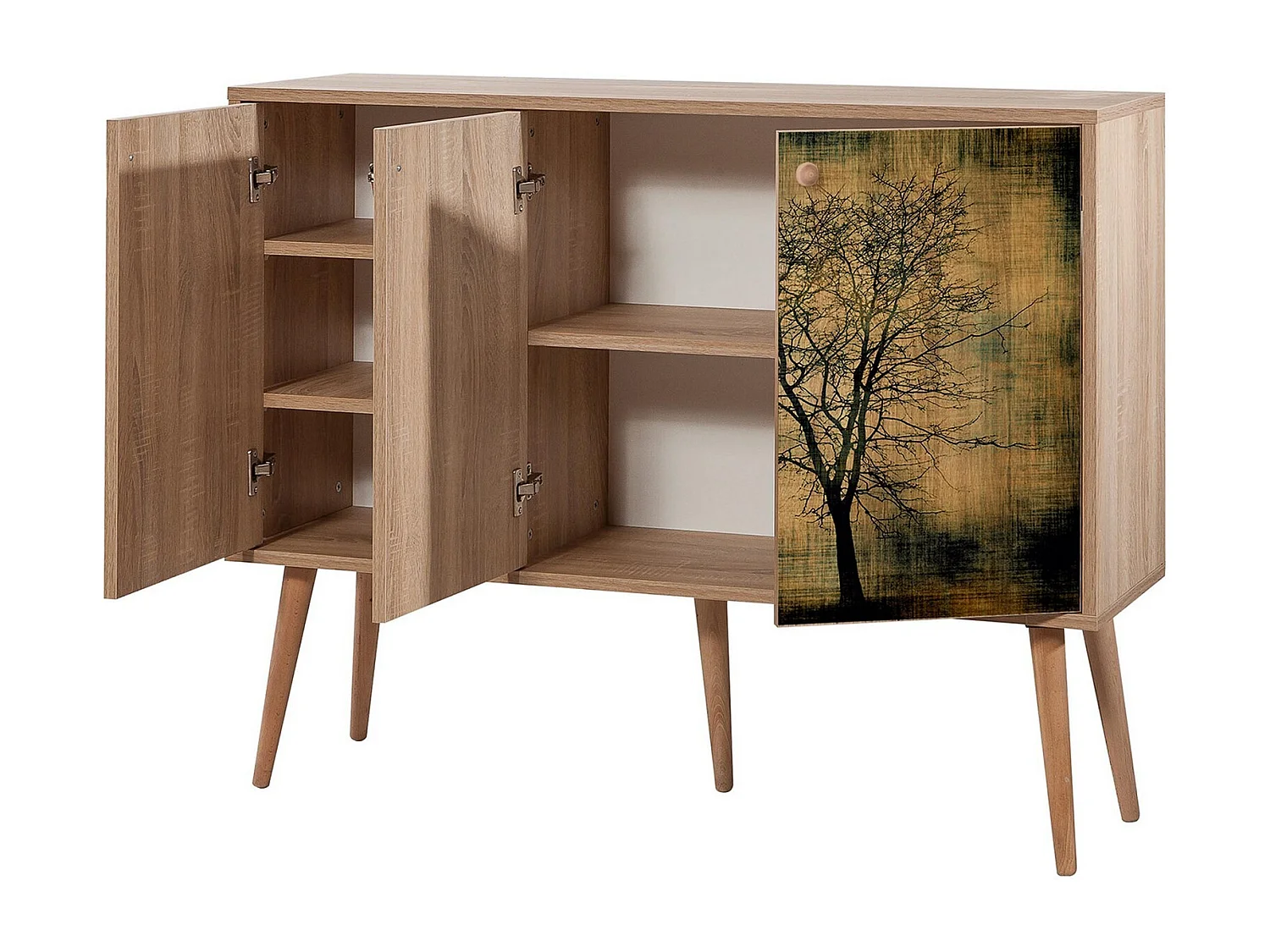 Buffet 3 portes Areva 120x90cm Motif Arbre Bois Naturel et Marron