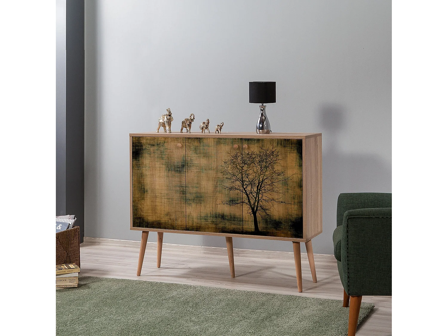 Buffet 3 portes Areva 120x90cm Motif Arbre Bois Naturel et Marron