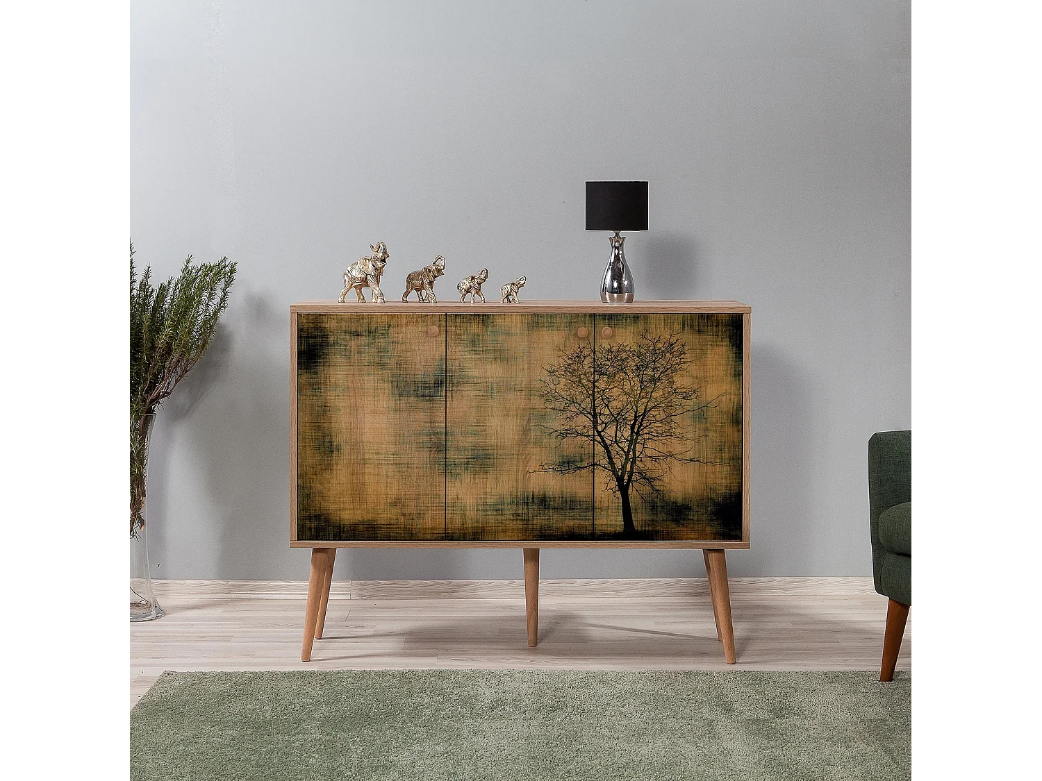 Buffet 3 portes Areva 120x90cm Motif Arbre Bois Naturel et Marron