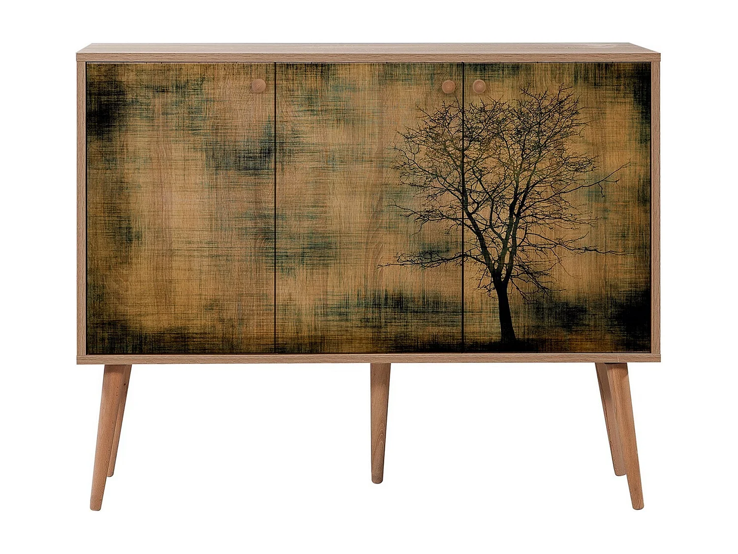 Buffet 3 portes Areva 120x90cm Motif Arbre Bois Naturel et Marron