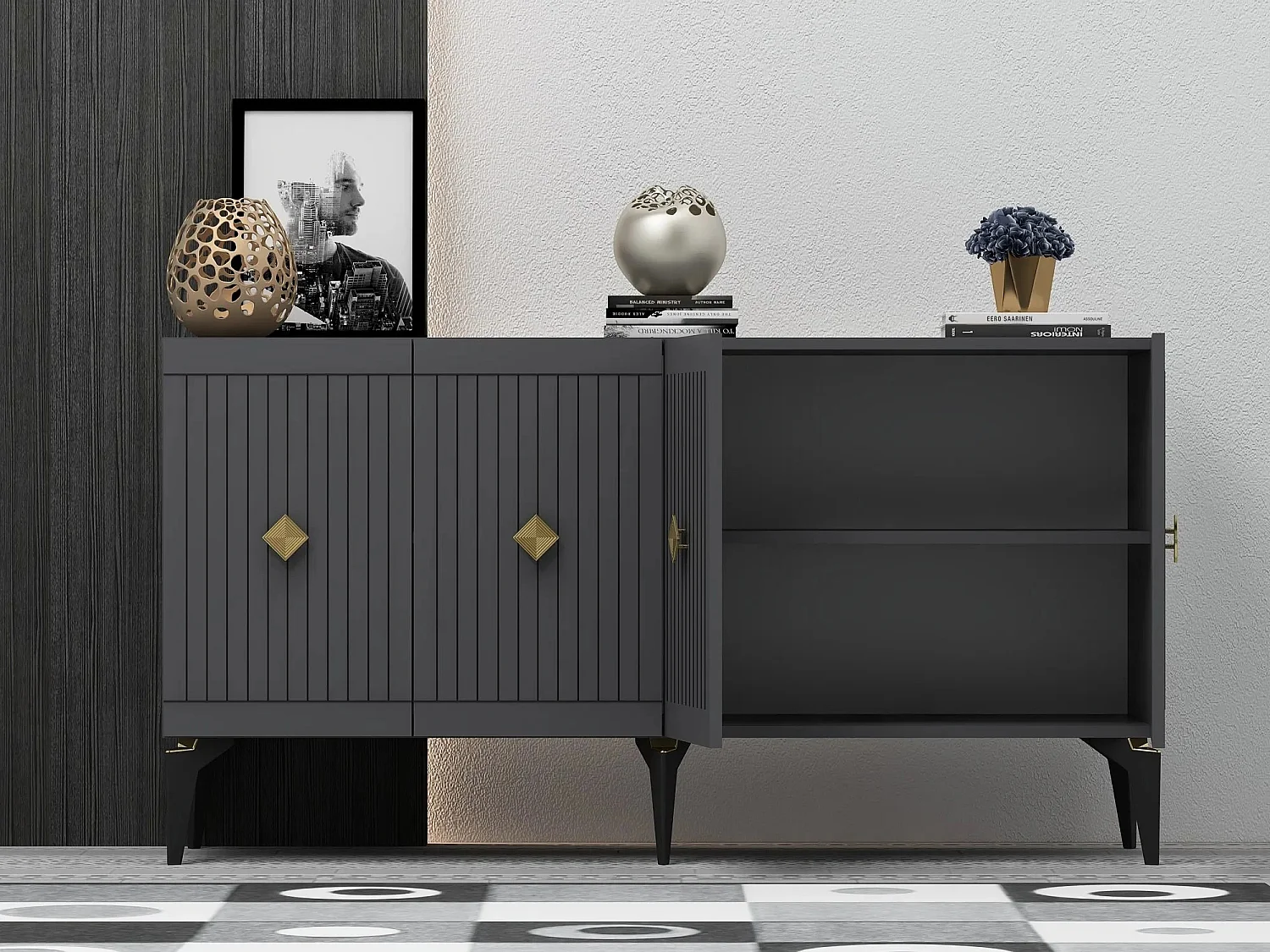 Aparador Midas Antracita dorado150x40x79 cm