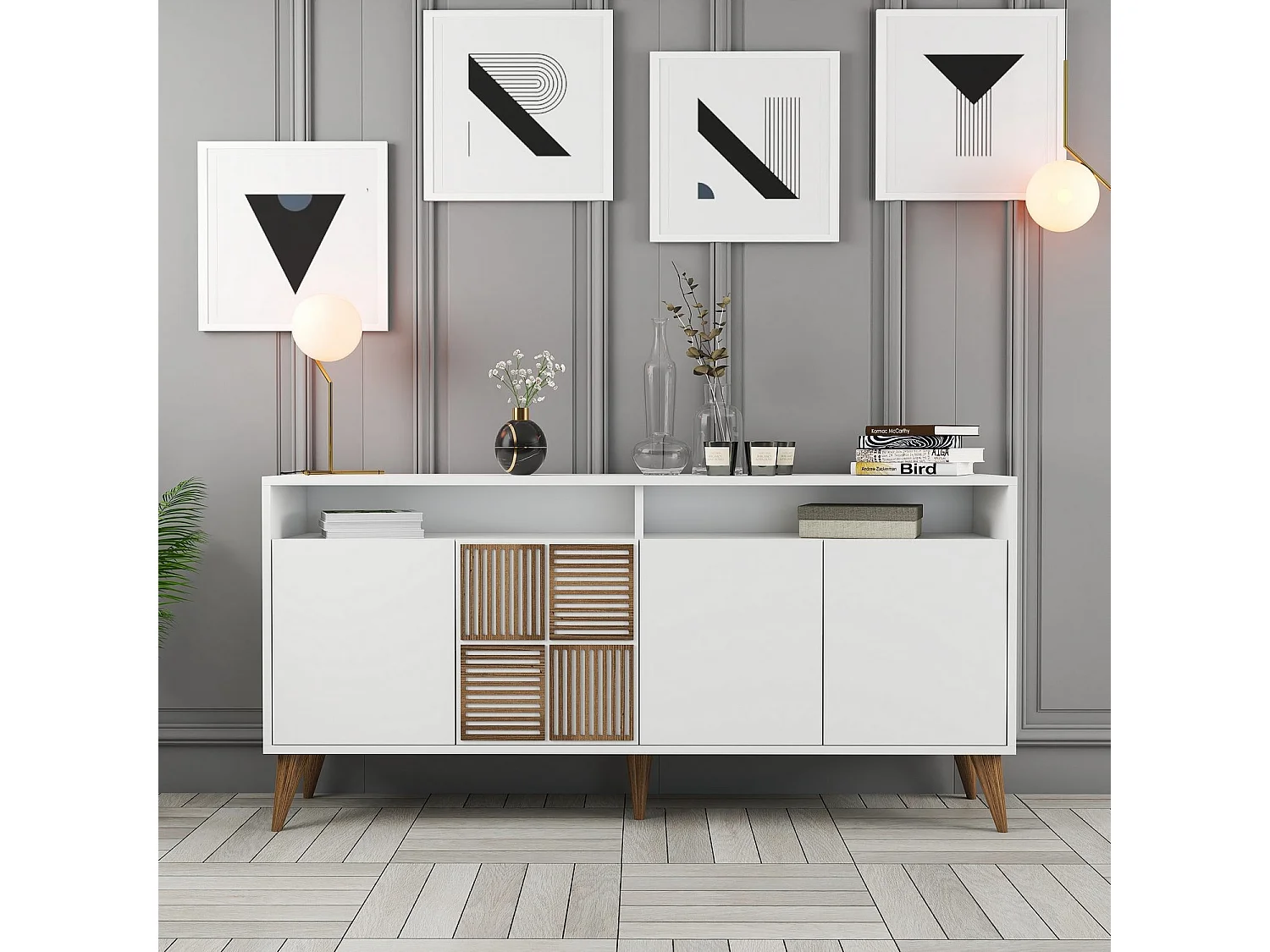 Buffet bas 4 portes et 2 tiroirs Kaltes L160cm Blanc et Bois