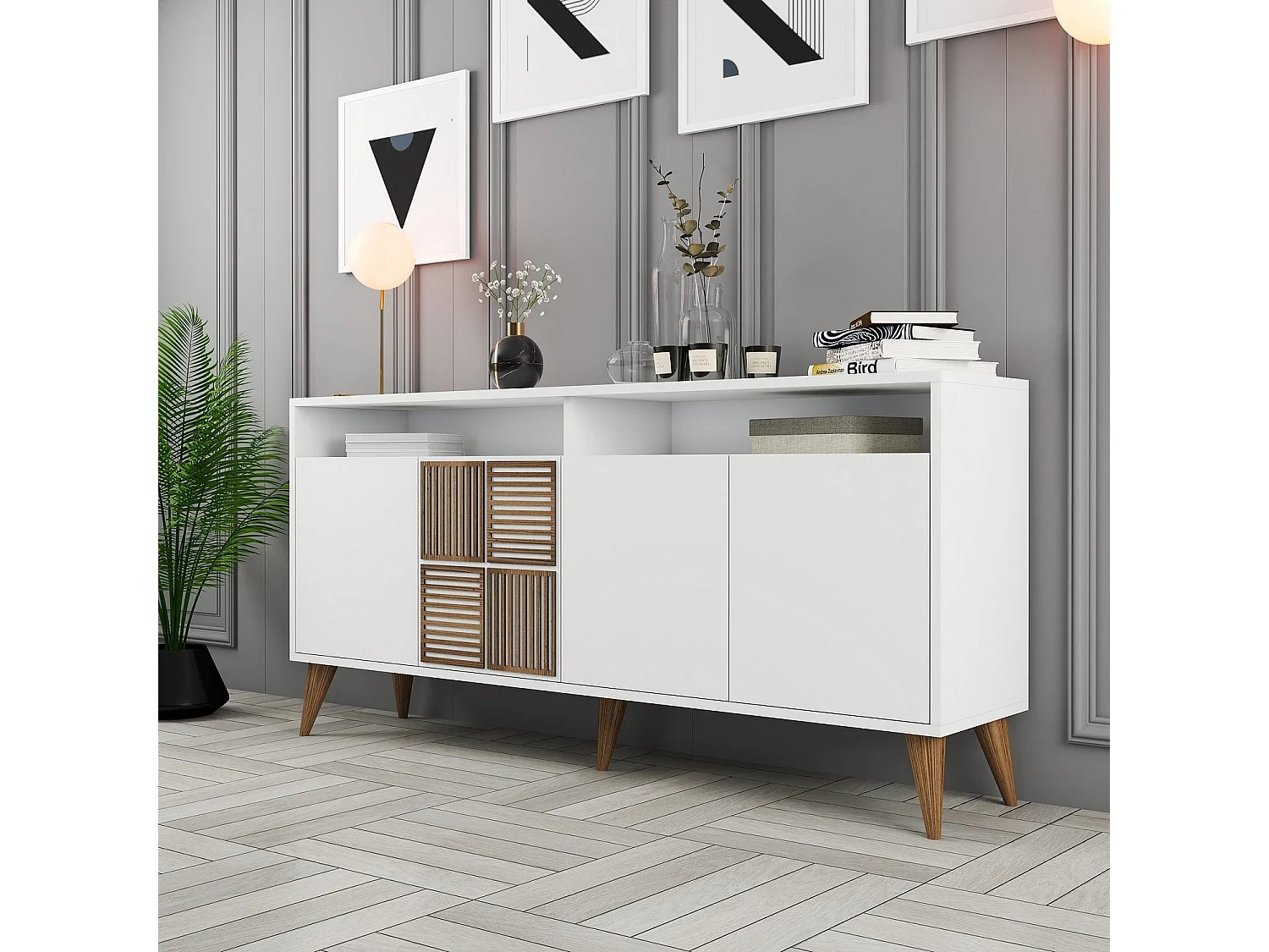Buffet bas 4 portes et 2 tiroirs Kaltes L160cm Blanc et Bois