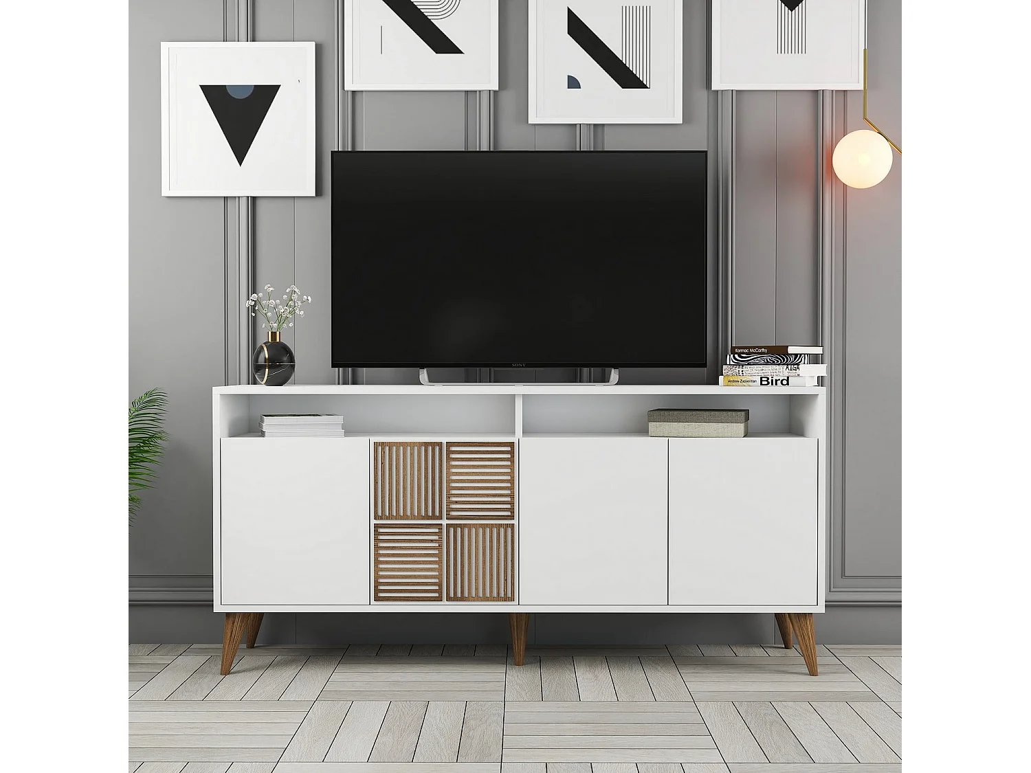 Buffet bas 4 portes et 2 tiroirs Kaltes L160cm Blanc et Bois