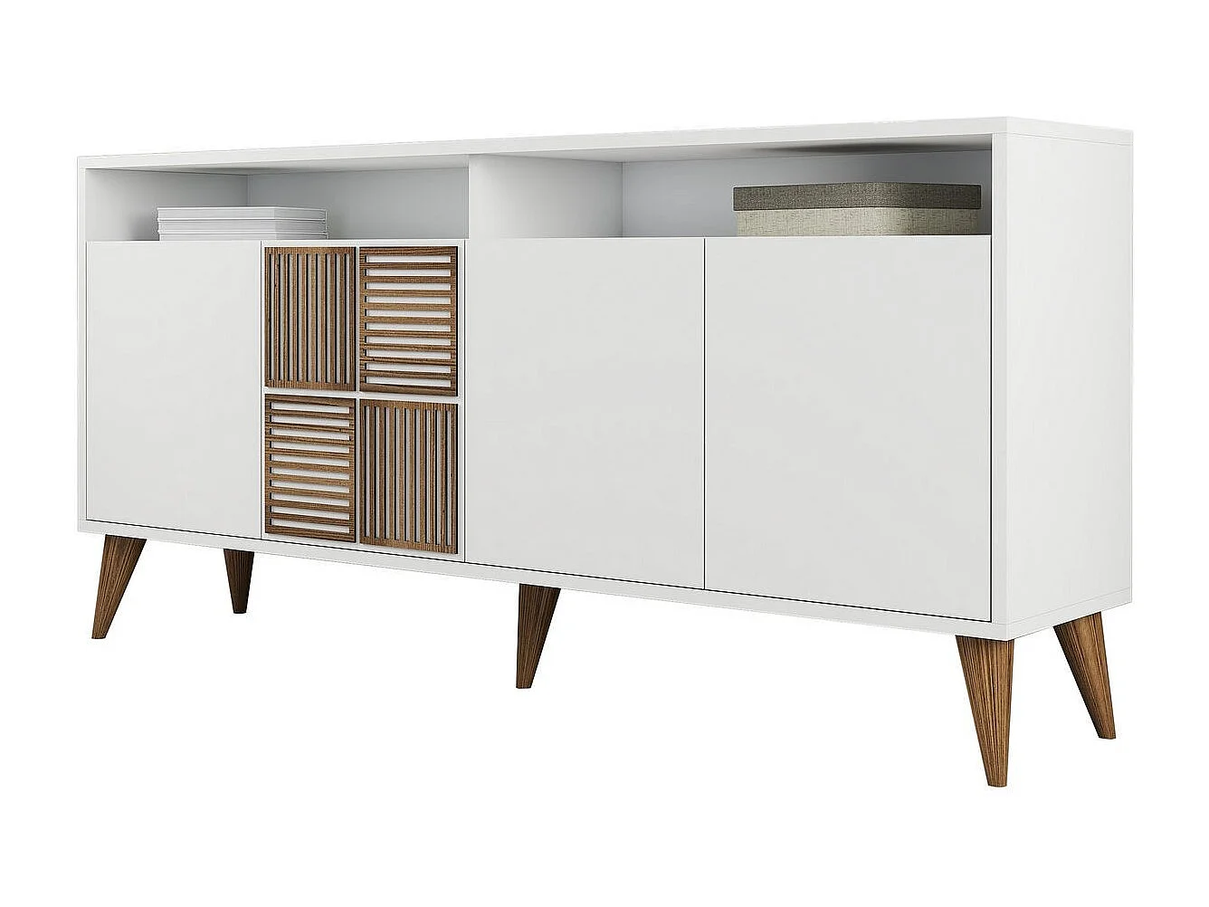 Buffet bas 4 portes et 2 tiroirs Kaltes L160cm Blanc et Bois