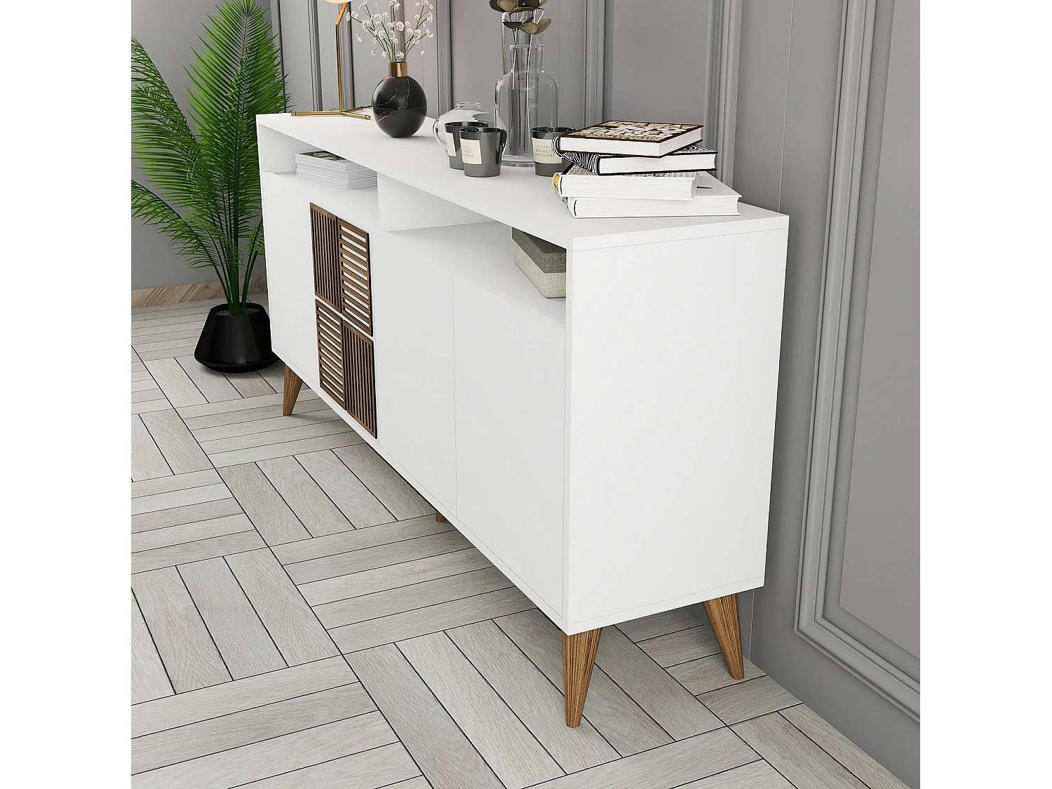 Buffet bas 4 portes et 2 tiroirs Kaltes L160cm Blanc et Bois