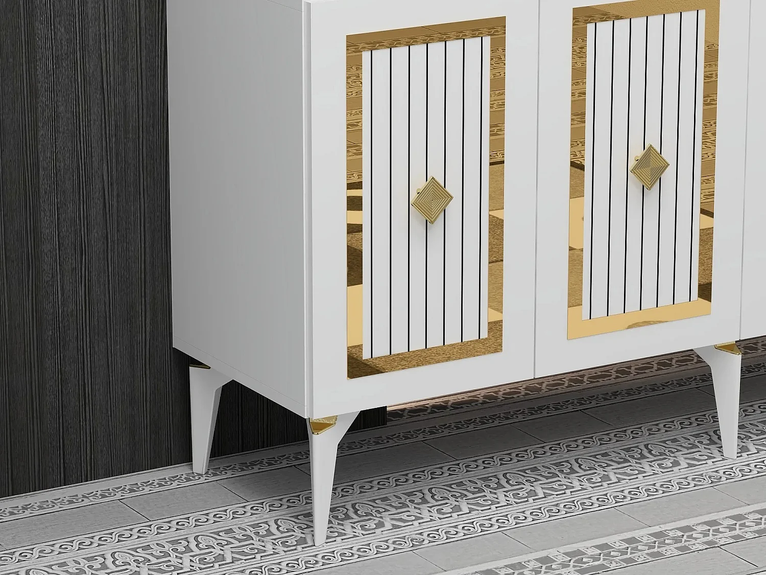 Buffet bas 4 portes design Lahave L150cm Blanc et Or