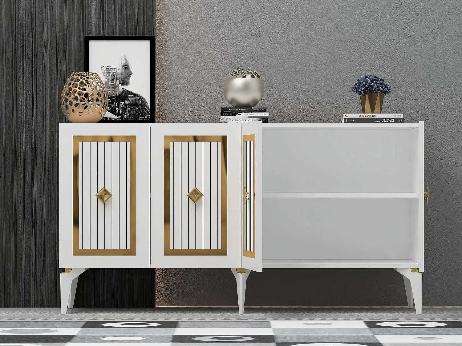 Buffet bas 4 portes design Lahave L150cm Blanc et Or