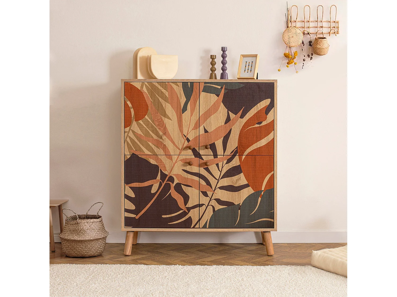 Buffet haut pied Bois clair Styx L95cm Blanc Motif Feuilles tropicales