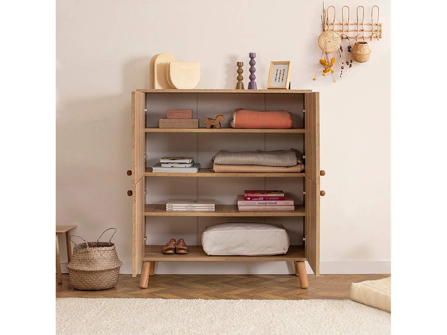 Buffet haut pied Bois clair Styx L95cm Blanc Motif Feuilles tropicales