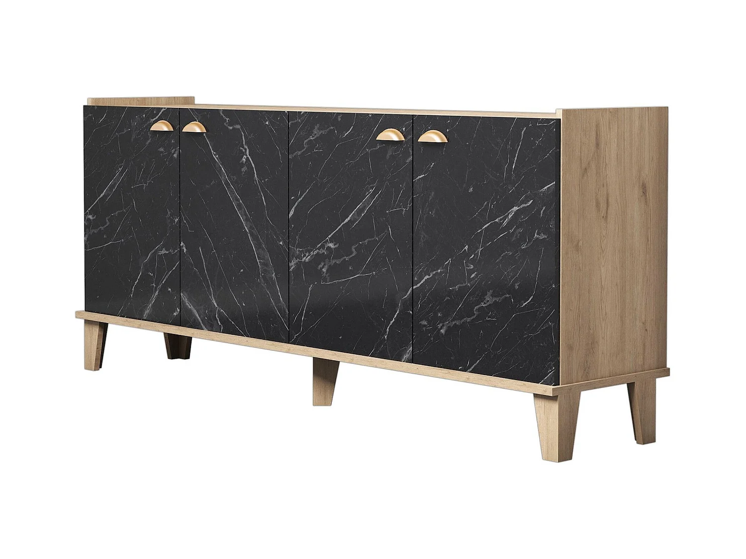Buffet bas 4 portes Nadil 180cm Bois Chêne et Noir effet marbre
