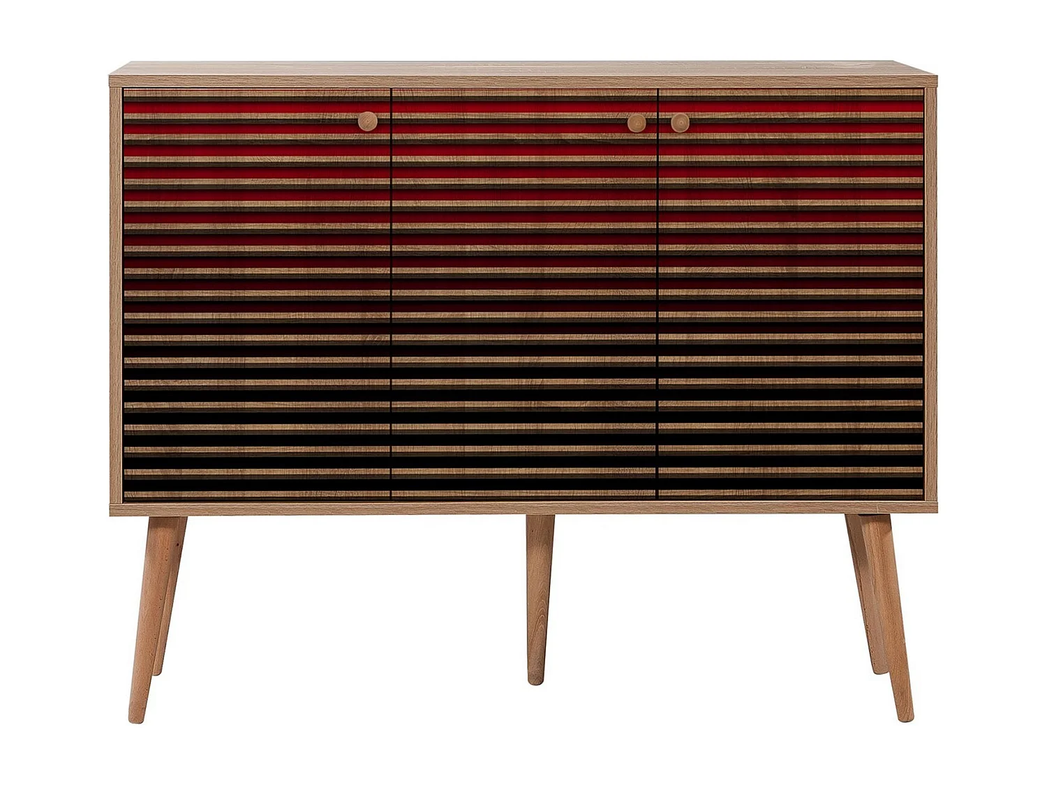Buffet 3 portes Areva 120x90cm Motif Rayures Bois Naturel et Rouge