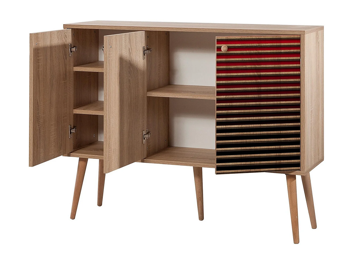 Buffet 3 portes Areva 120x90cm Motif Rayures Bois Naturel et Rouge