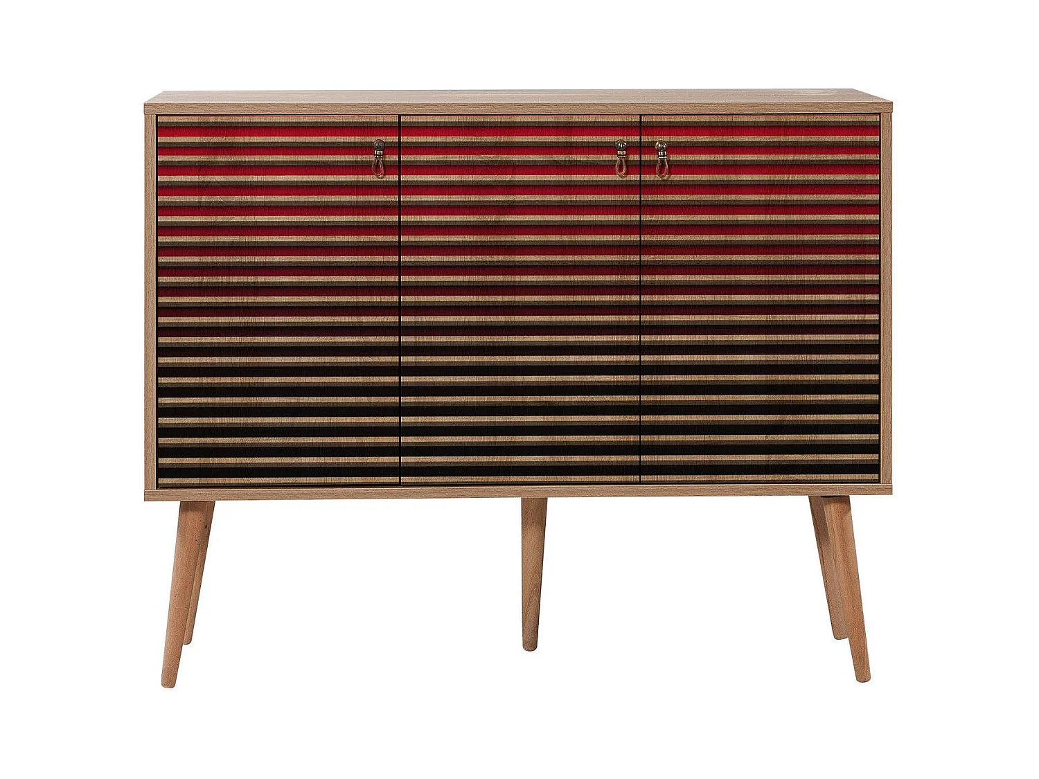 Buffet 3 portes Areva 120x90cm Motif Rayures Bois Naturel et Rouge