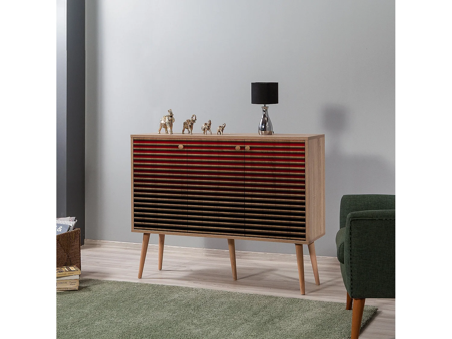 Buffet 3 portes Areva 120x90cm Motif Rayures Bois Naturel et Rouge