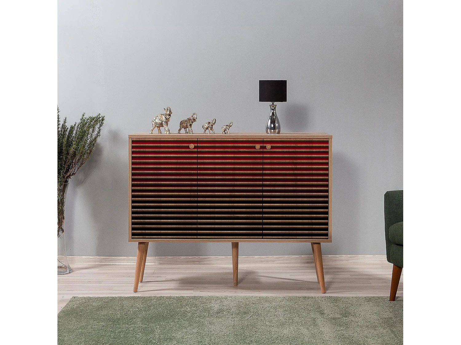 Buffet 3 portes Areva 120x90cm Motif Rayures Bois Naturel et Rouge