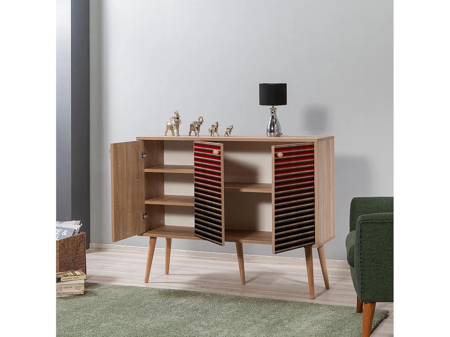 Buffet 3 portes Areva 120x90cm Motif Rayures Bois Naturel et Rouge