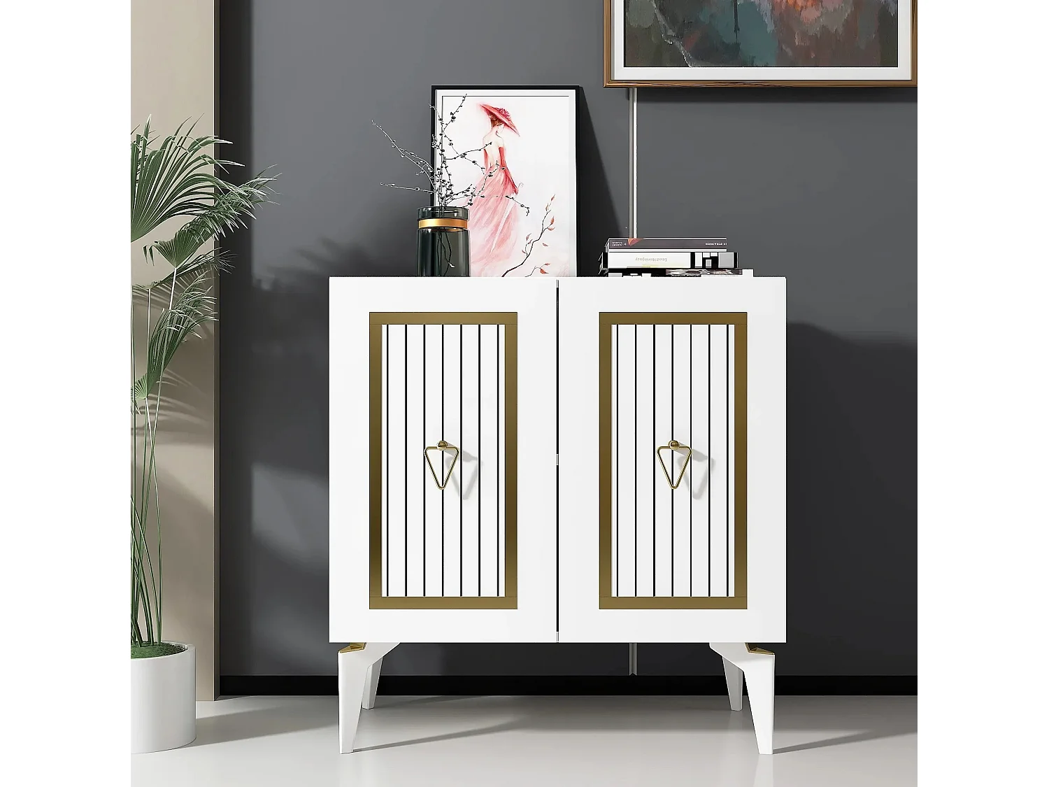 Aparador – 75 x 79 x 40 cm – Branco e Dourado – Painel de Partículas Revestido a Melamina