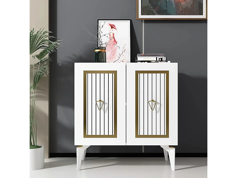 Aparador – 75 x 79 x 40 cm – Branco e Dourado – Painel de Partículas Revestido a Melamina