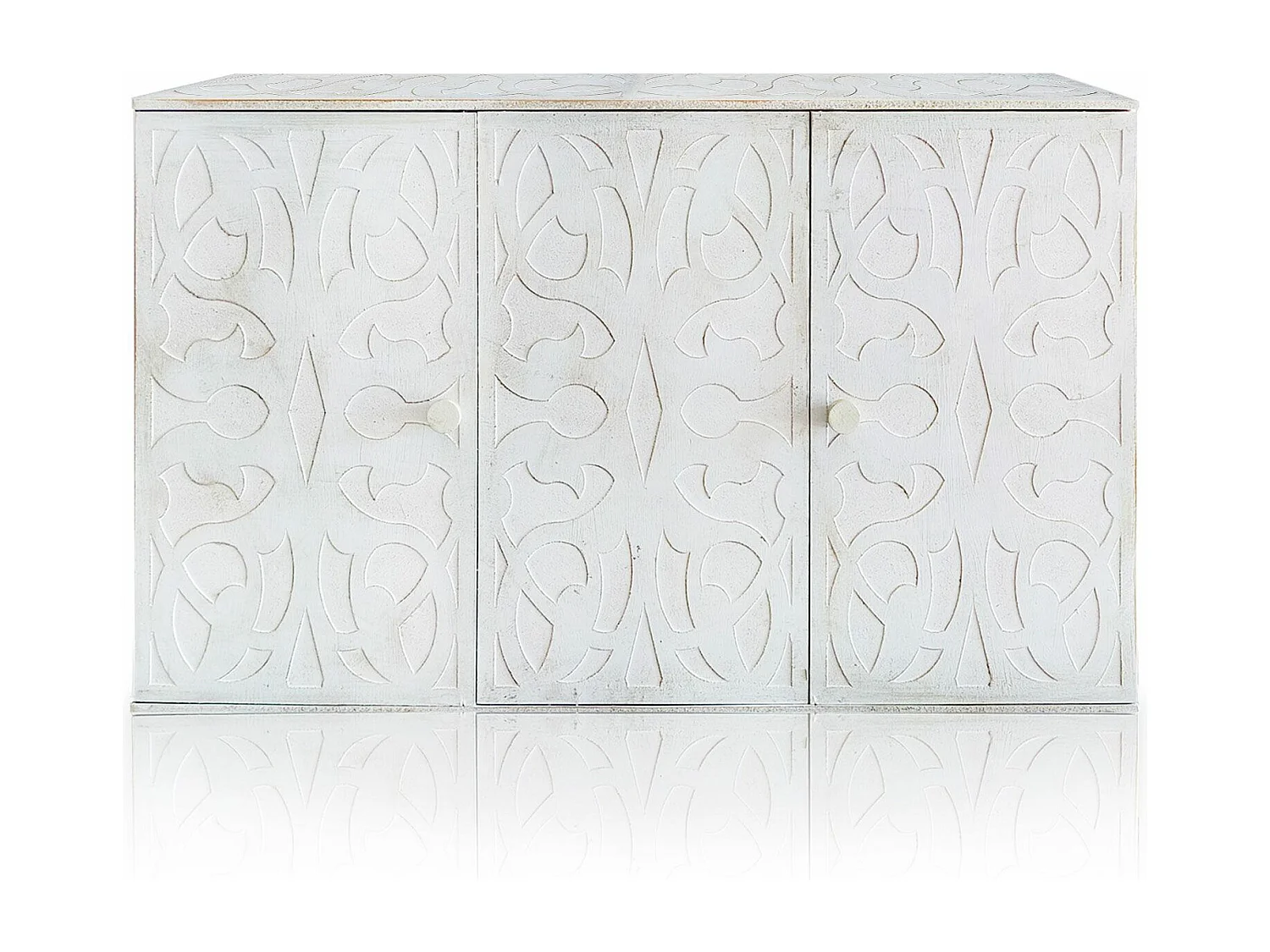 Buffet style oriental en bois sculpté L120cm Malago Blanc et or patiné