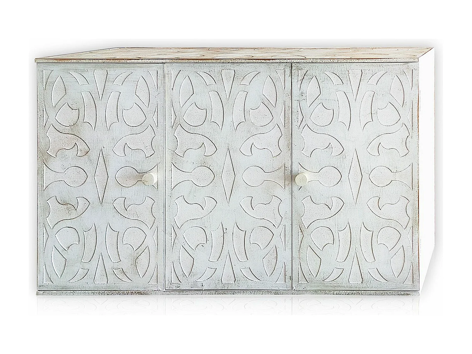 Buffet style oriental en bois sculpté L120cm Malago Blanc et or patiné